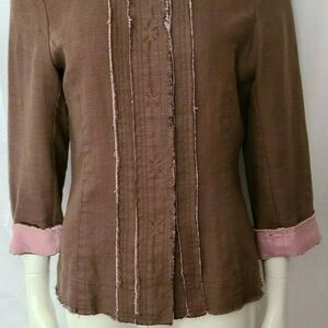 Philippe Adec Paris 100%‎ Linen Blazer Size 2 Brown Pink Trim Frayed Edge Career